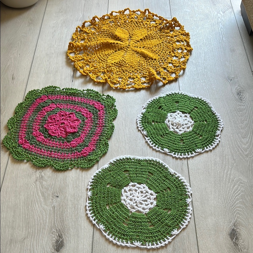 Handmade Crochet Doilies Set of 4 in Yellow, Green, and Pink